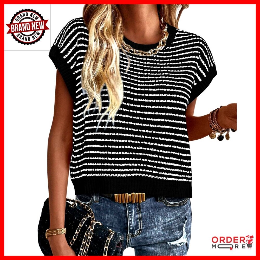 Striped Knit Sweater Vest Cap Sleeve Pullover Lightweight Spring Summer